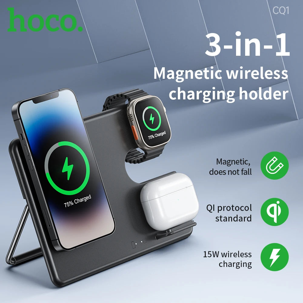 Chargeur sans Fil CQ1 HOCO Rapide Magnétique 3 en 1 pour iPhone et Apple Watch