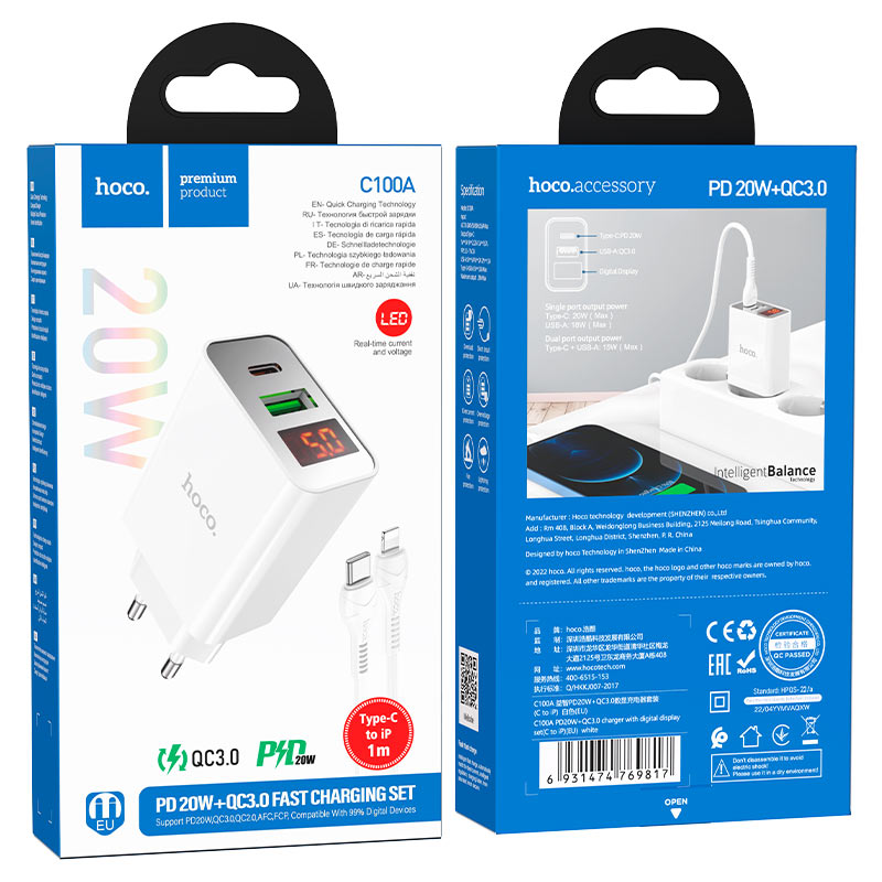 Chargeur Mural « C100A » PD20W + QC3.0 EU avec Câble