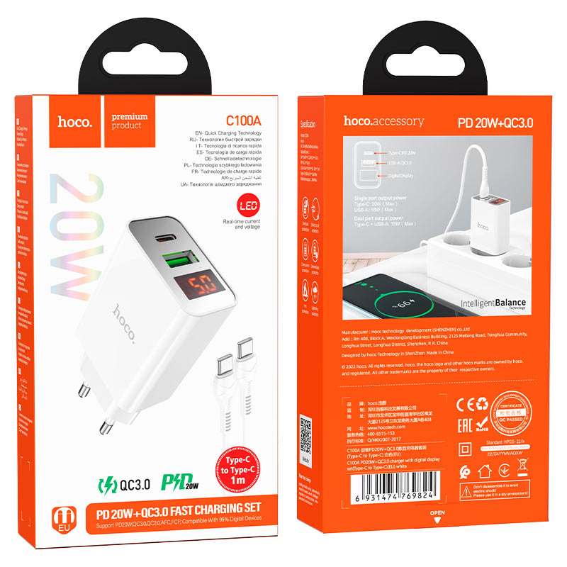 Chargeur Mural « C100A » PD20W + QC3.0 EU avec Câble