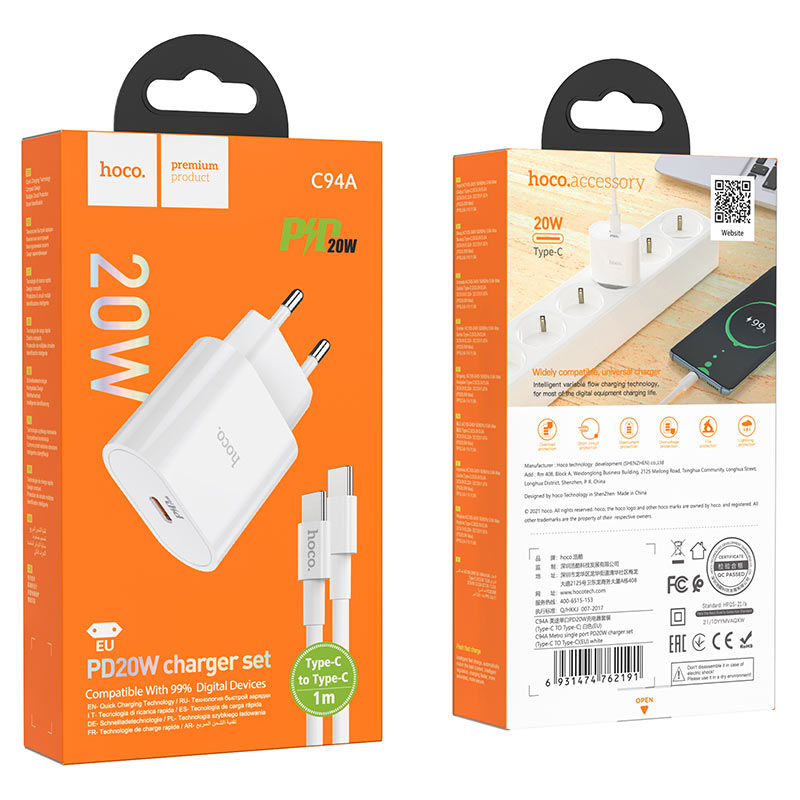 Chargeur mural “C94A ” PD20W set avec câble Type-C Vers Type-C